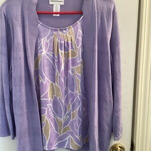 Alfred Dunner Lavender and Tan Floral Shell with Lavender Knit Cardigan